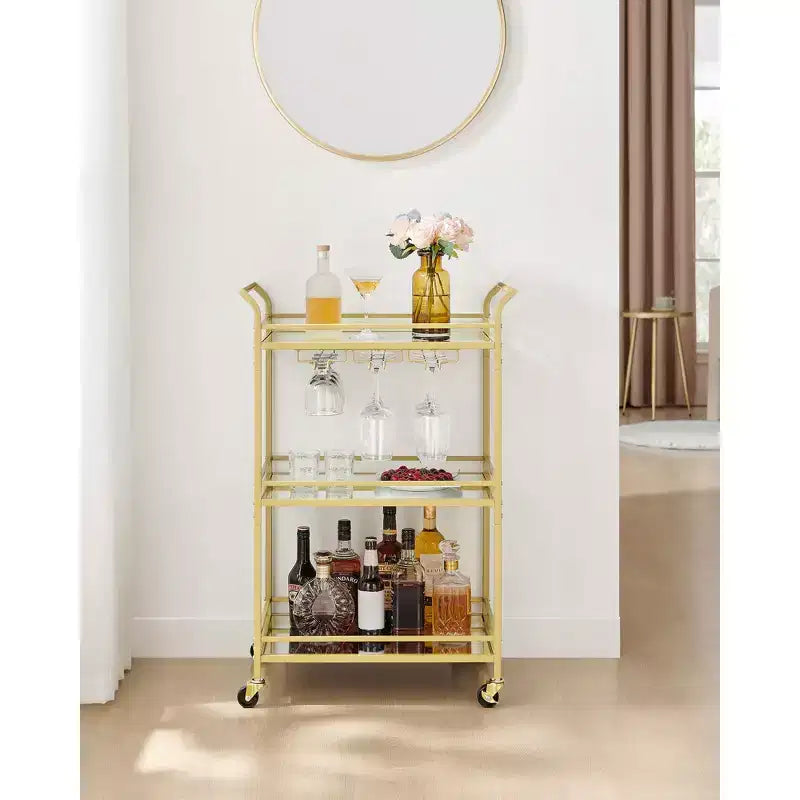 Chariot de bar, Desserte de bar à domicile, Petit chariot de bar avec étagère à 3 niveaux, Range-bouteilles, Porte-verres, Chariot de bar, 38 x 60 x 92 cm