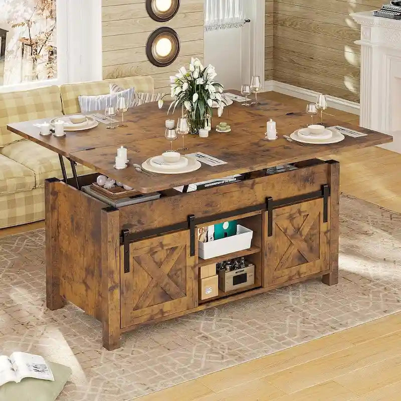 Table basse relevable 2 portes coulissantes style grange Table à manger avec rangement