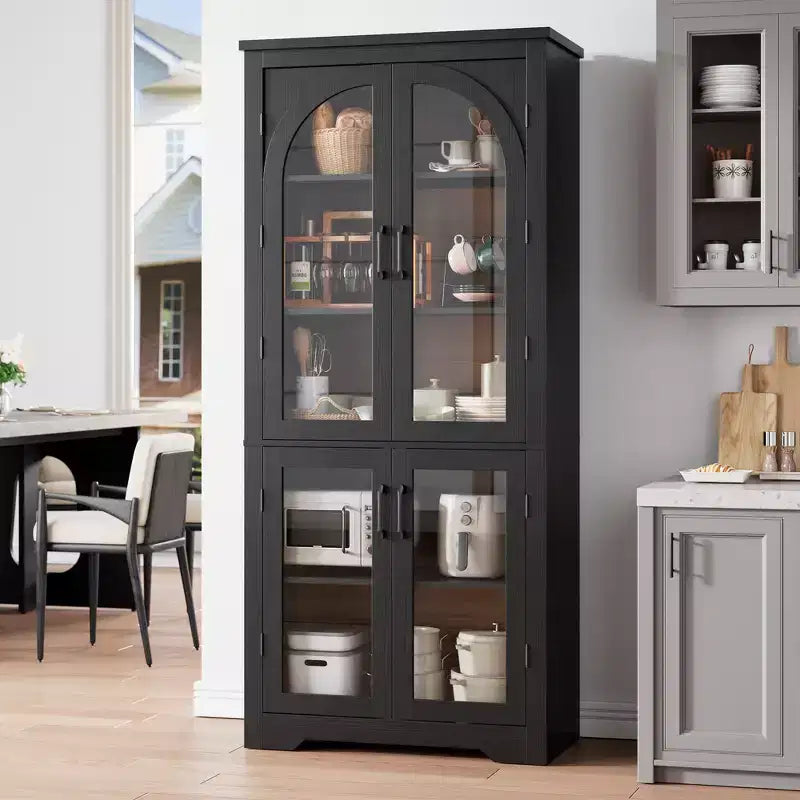 Meuble de rangement de cuisine de 178 cm, buffet moderne avec 4 portes vitrées cintrées et étagères réglables, pour cuisine, salon, salle à manger, salle de bain