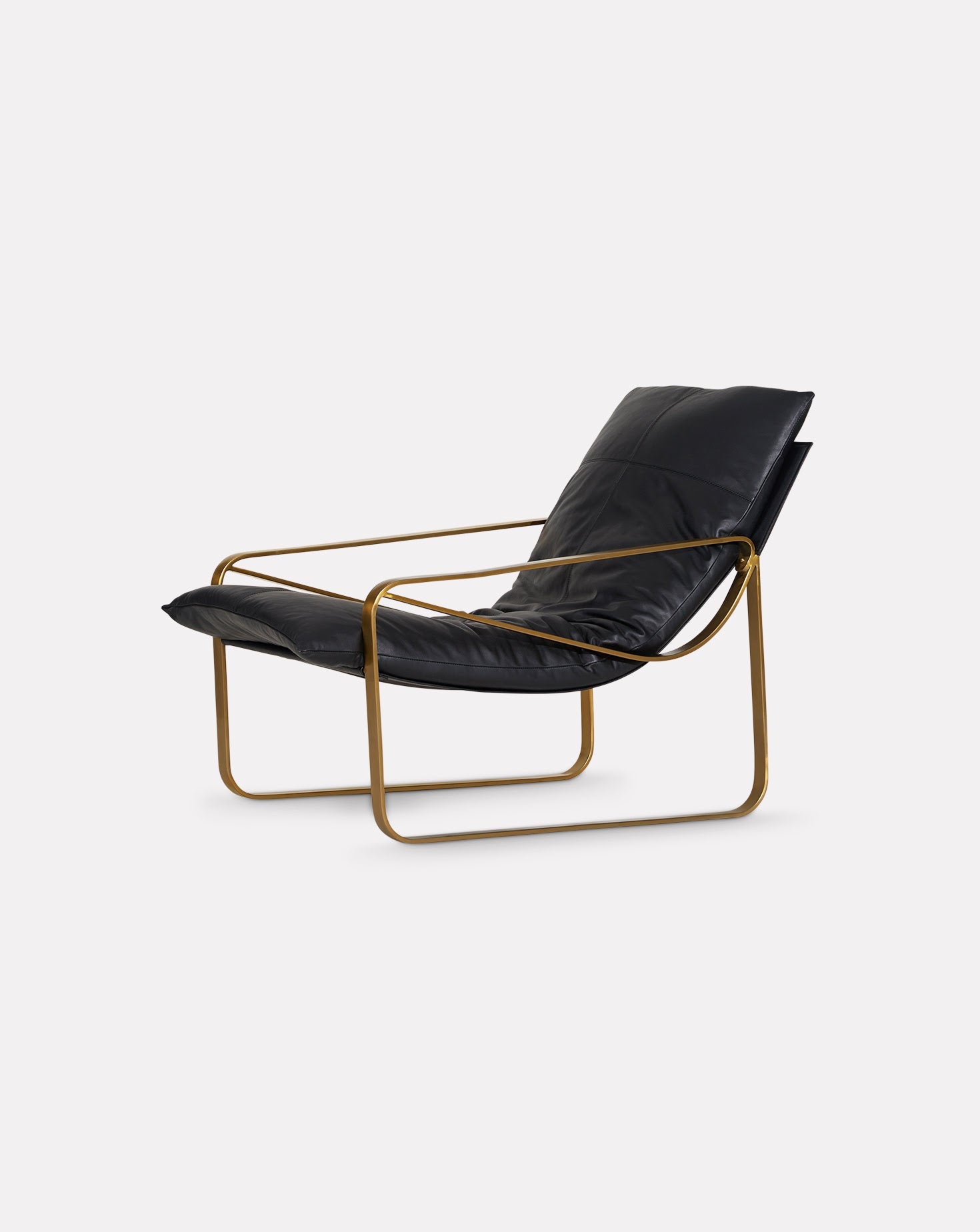 Brass-Finish Steel Frame Leather Seat Mid-Century Lounge Chair