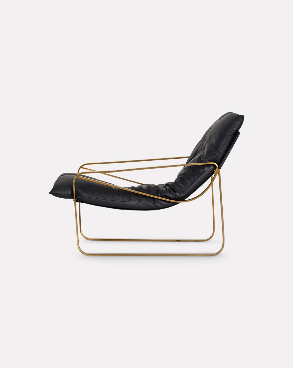 Brass-Finish Steel Frame Leather Seat Mid-Century Lounge Chair