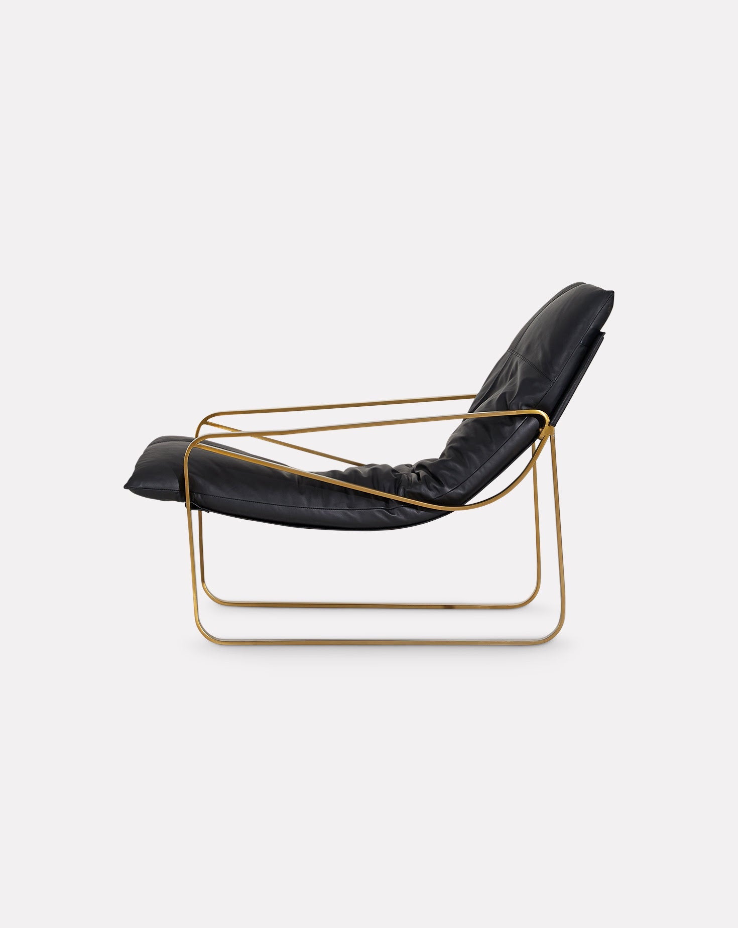 Brass-Finish Steel Frame Leather Seat Mid-Century Lounge Chair
