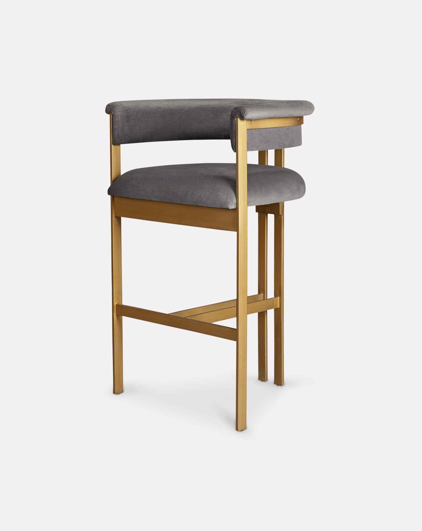 Grey Fabric Curved Back Brass Frame Bar Chair