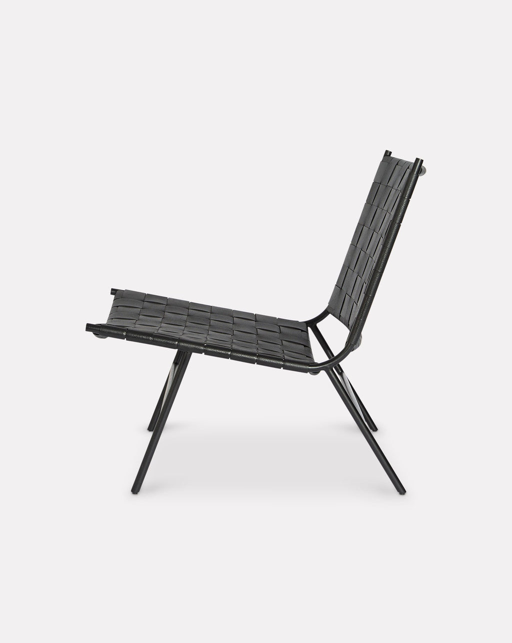 Black Leather Strap Woven Steel Frame Lounge Chair