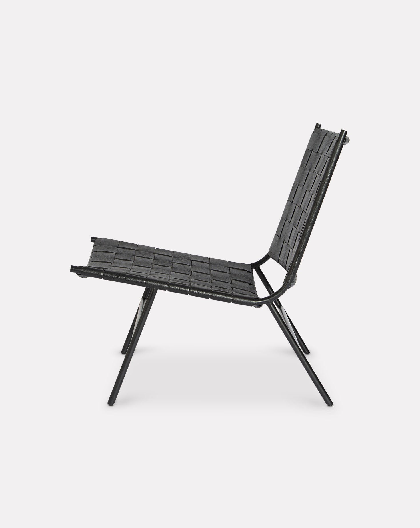 Black Leather Strap Woven Steel Frame Lounge Chair