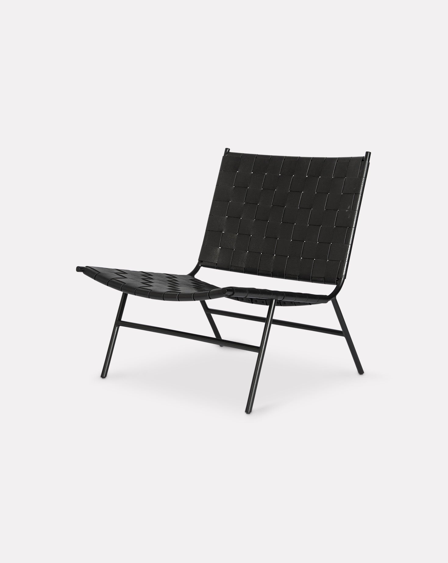 Black Leather Strap Woven Steel Frame Lounge Chair