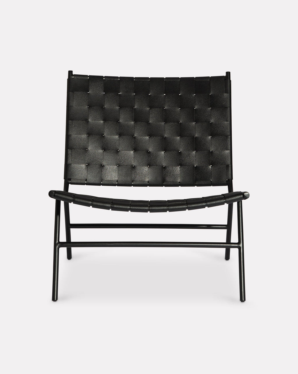 Black Leather Strap Woven Steel Frame Lounge Chair