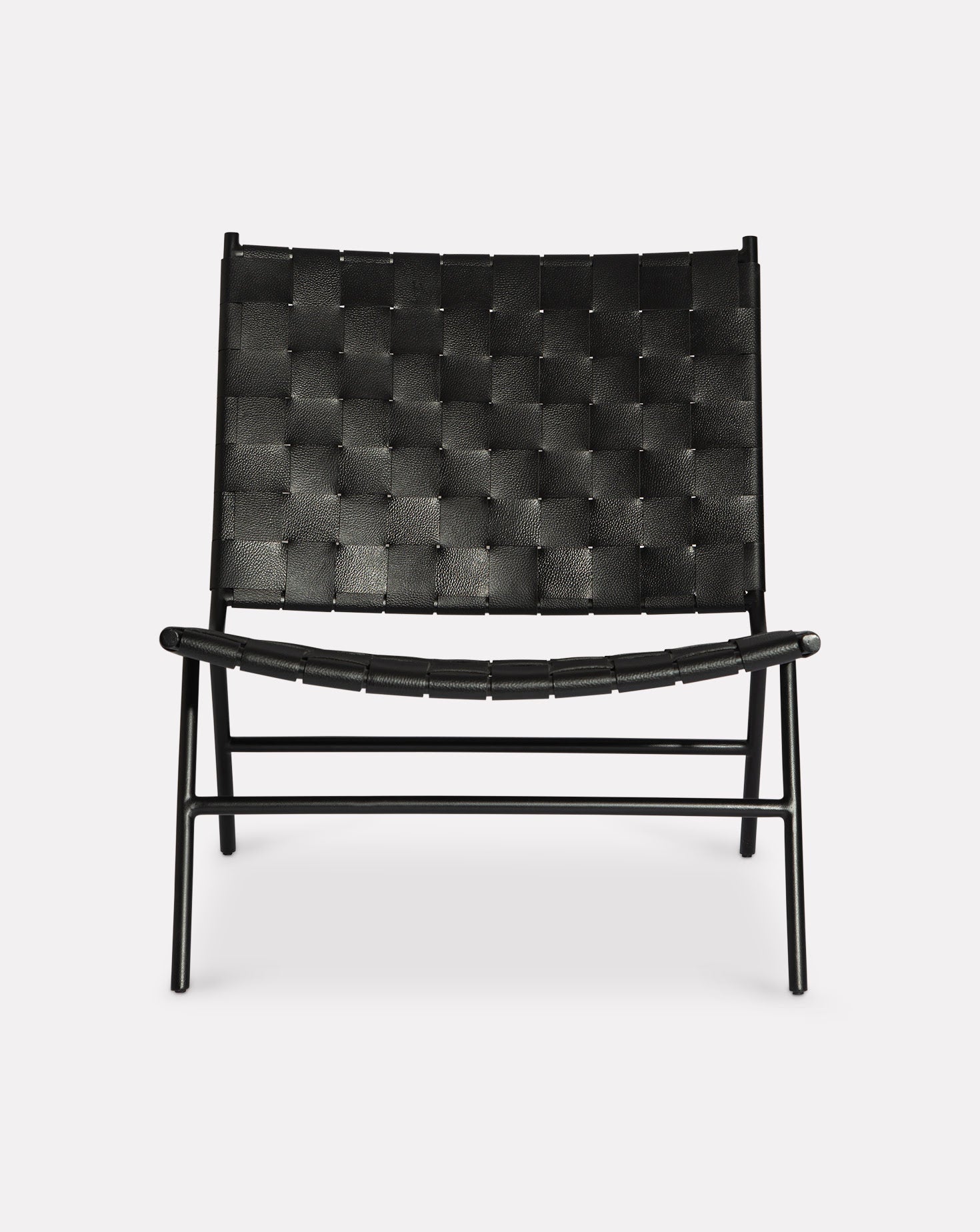 Black Leather Strap Woven Steel Frame Lounge Chair