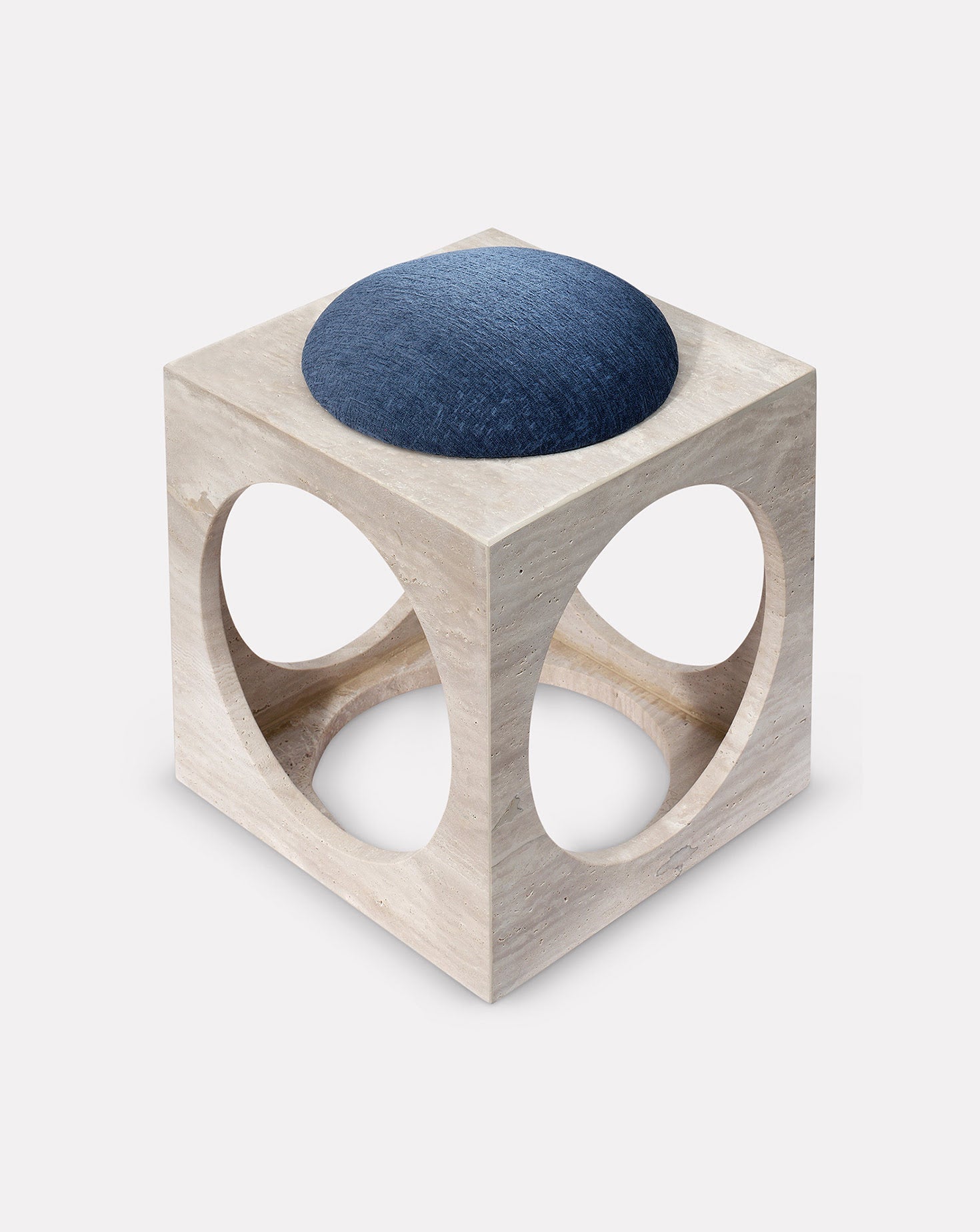 Travertine Geometric Velvet Seat Accent Stool