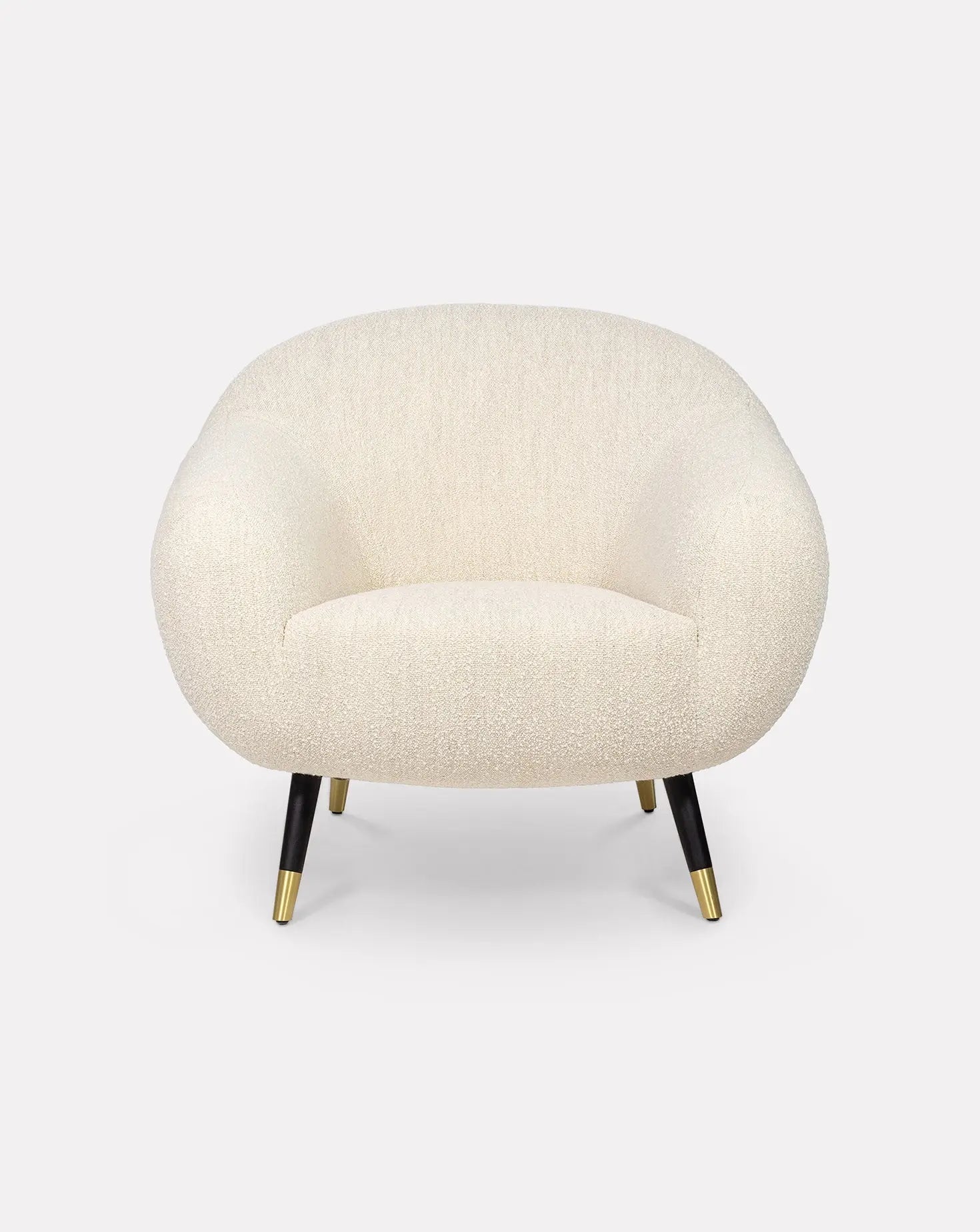 Sculptural Curved Oak Base Brass-Foot Upholstered Armchair