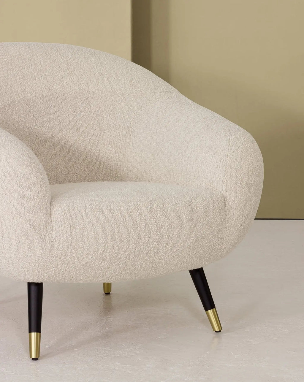 Sculptural Curved Oak Base Brass-Foot Upholstered Armchair