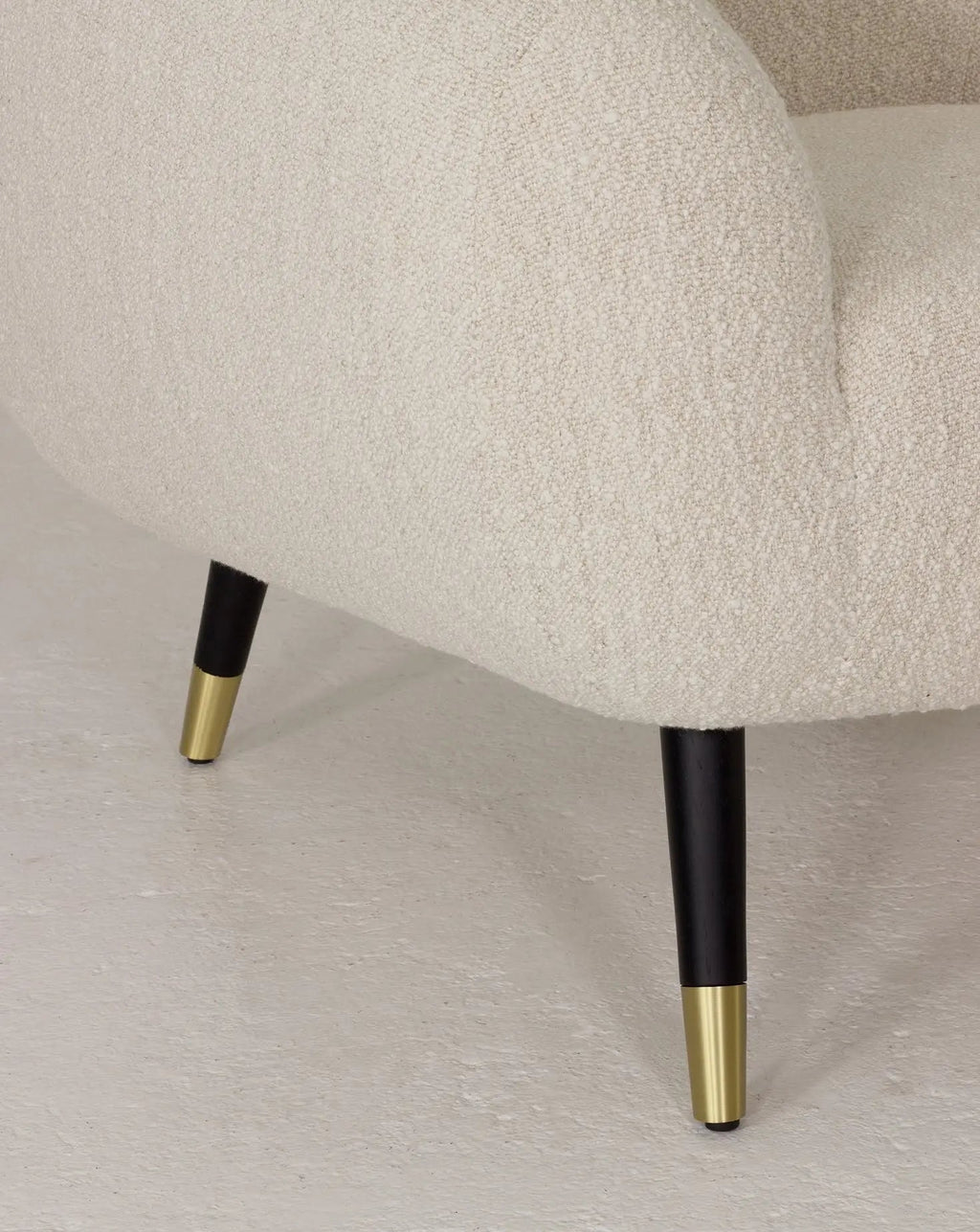 Sculptural Curved Oak Base Brass-Foot Upholstered Armchair