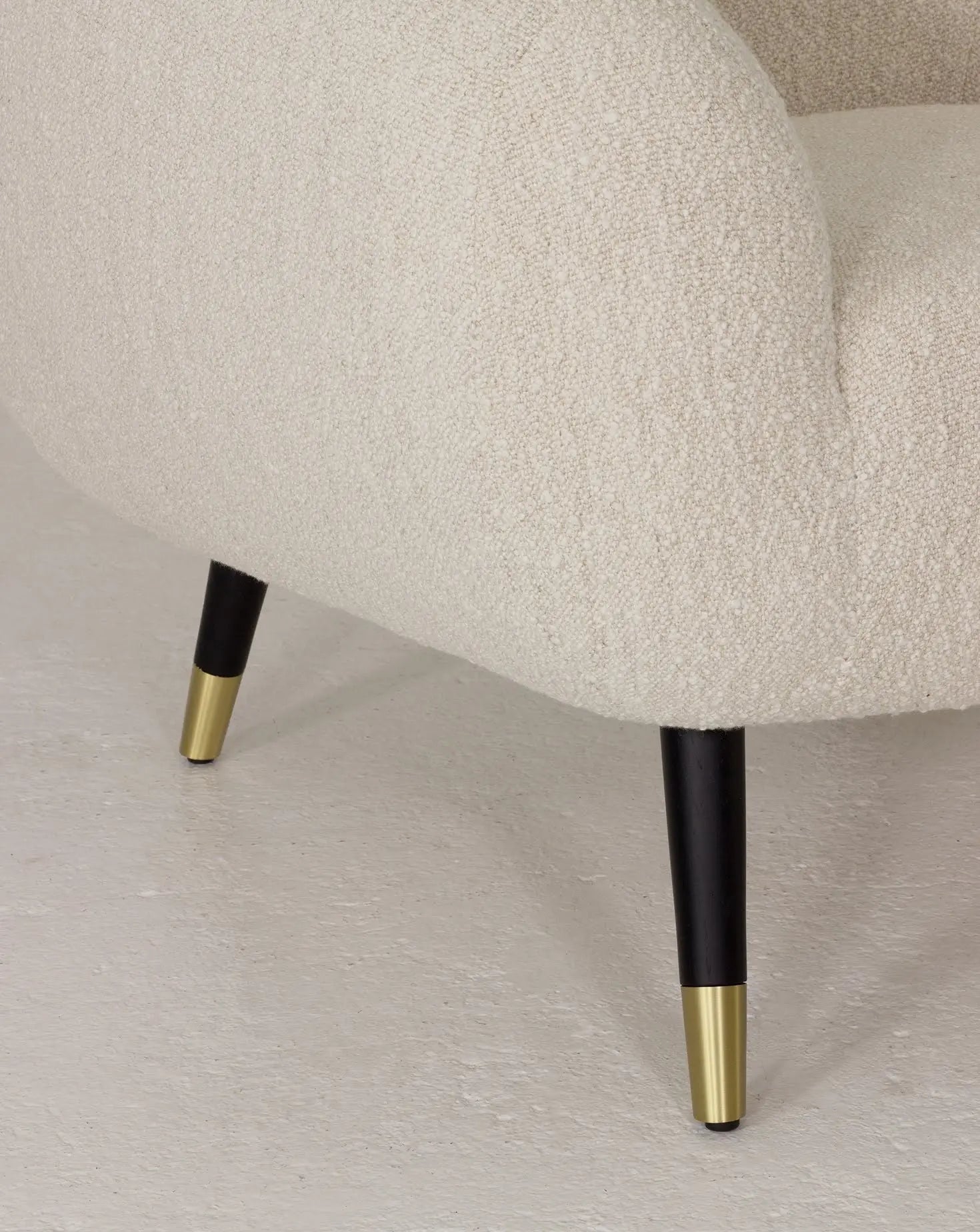 Sculptural Curved Oak Base Brass-Foot Upholstered Armchair