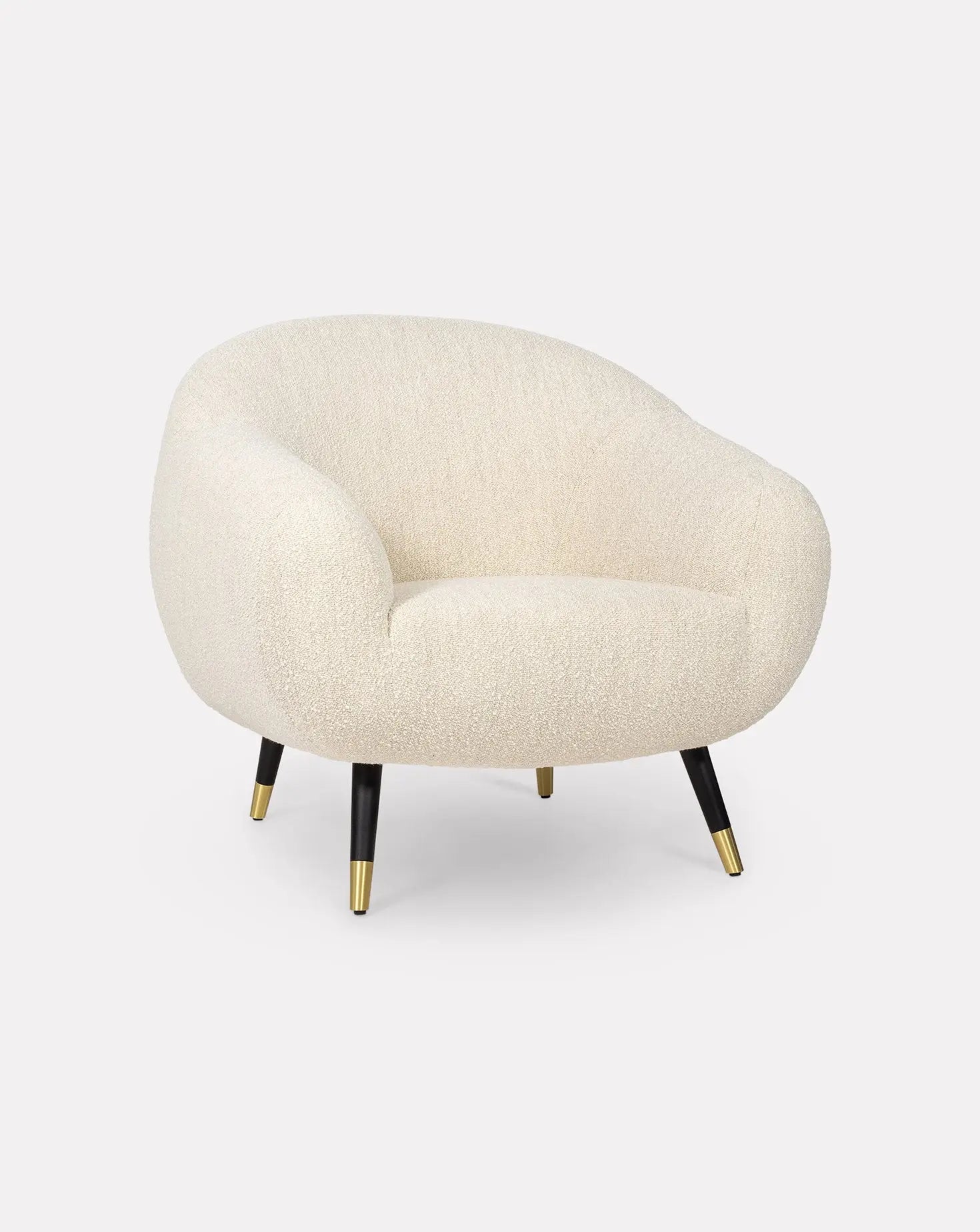 Sculptural Curved Oak Base Brass-Foot Upholstered Armchair
