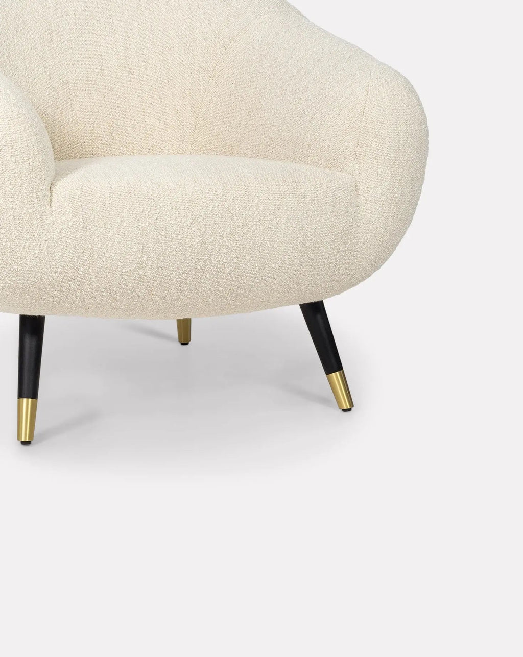 Sculptural Curved Oak Base Brass-Foot Upholstered Armchair