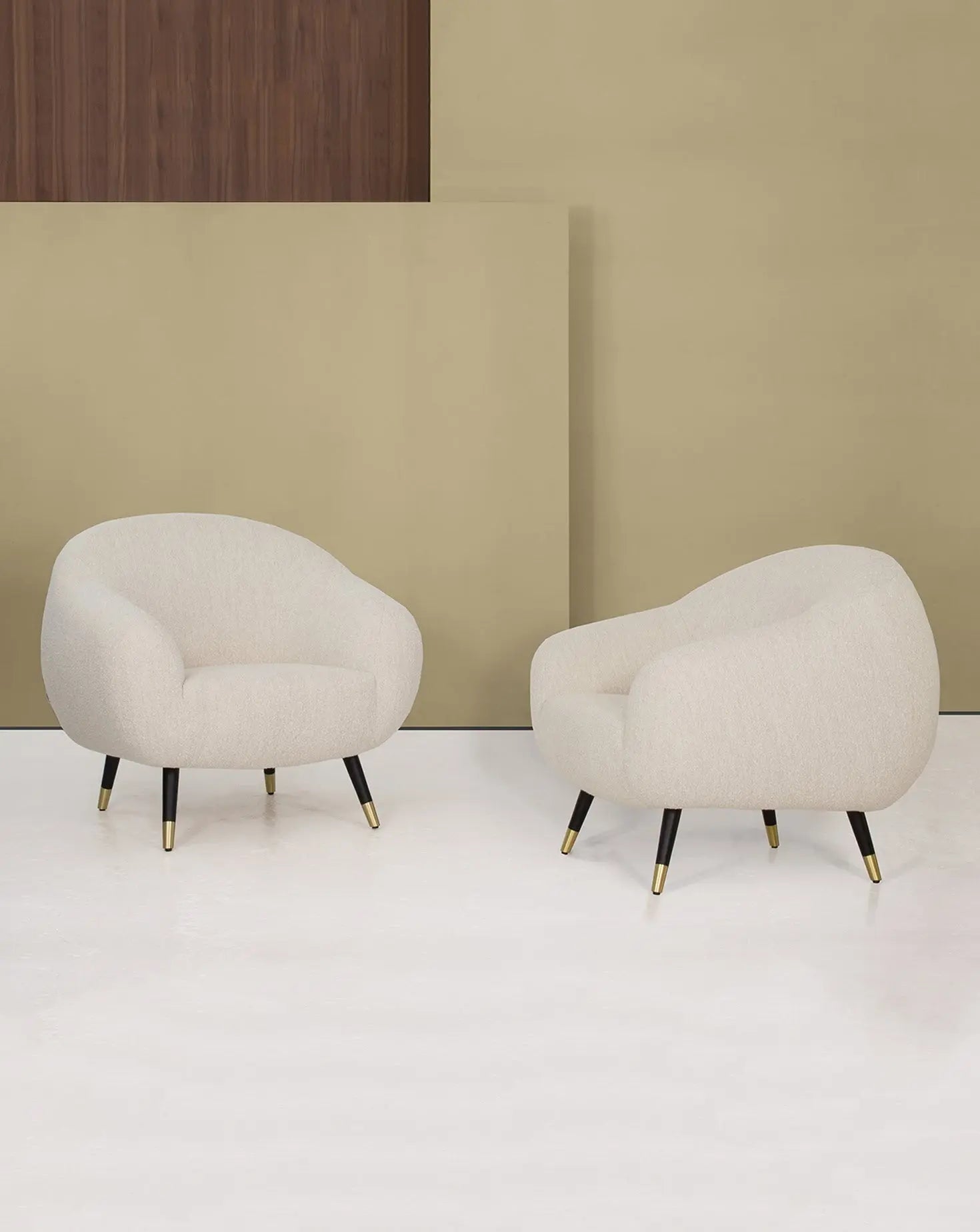 Sculptural Curved Oak Base Brass-Foot Upholstered Armchair