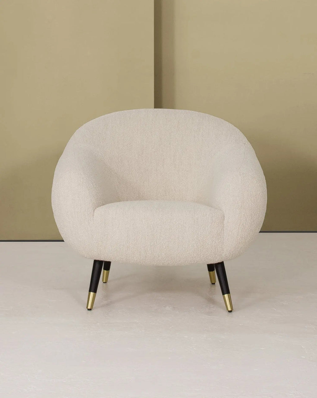 Sculptural Curved Oak Base Brass-Foot Upholstered Armchair