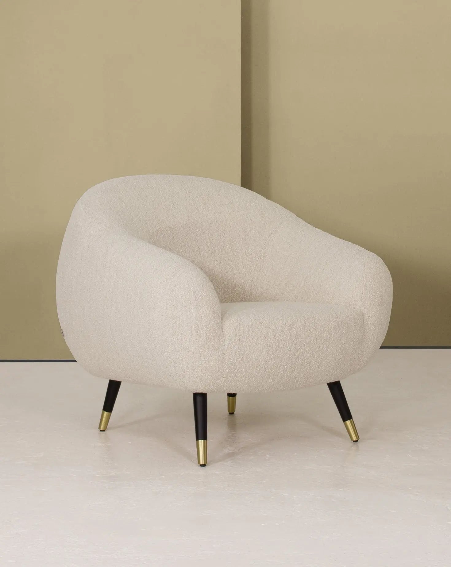 Sculptural Curved Oak Base Brass-Foot Upholstered Armchair