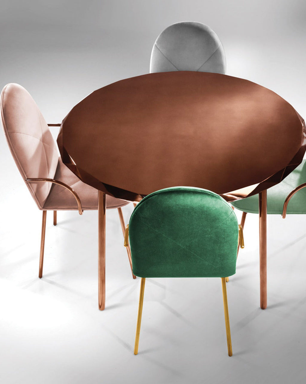 Grey Velvet Rose-Gold Leg Sculptural Dining Chair