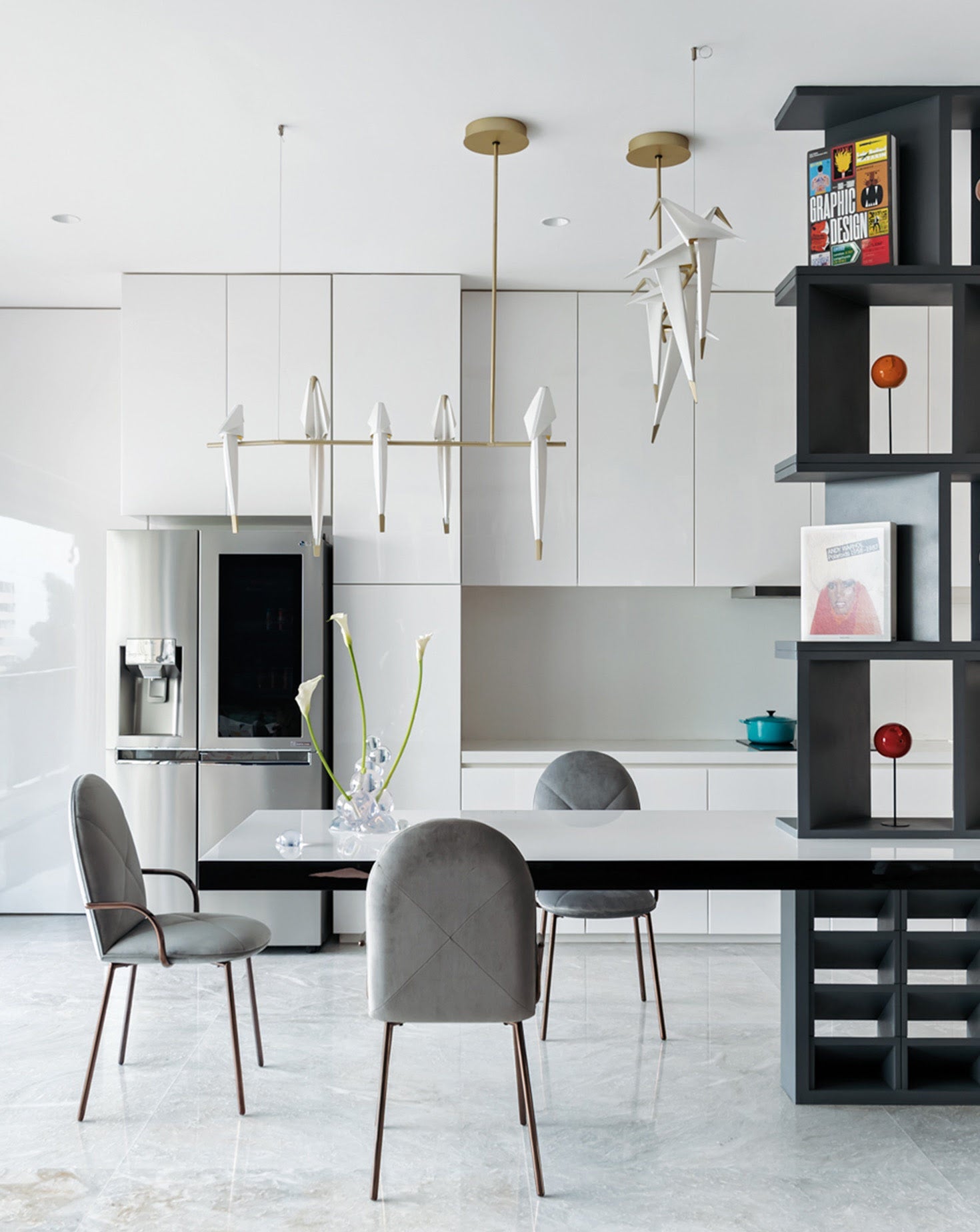 Grey Velvet Rose-Gold Leg Sculptural Dining Chair