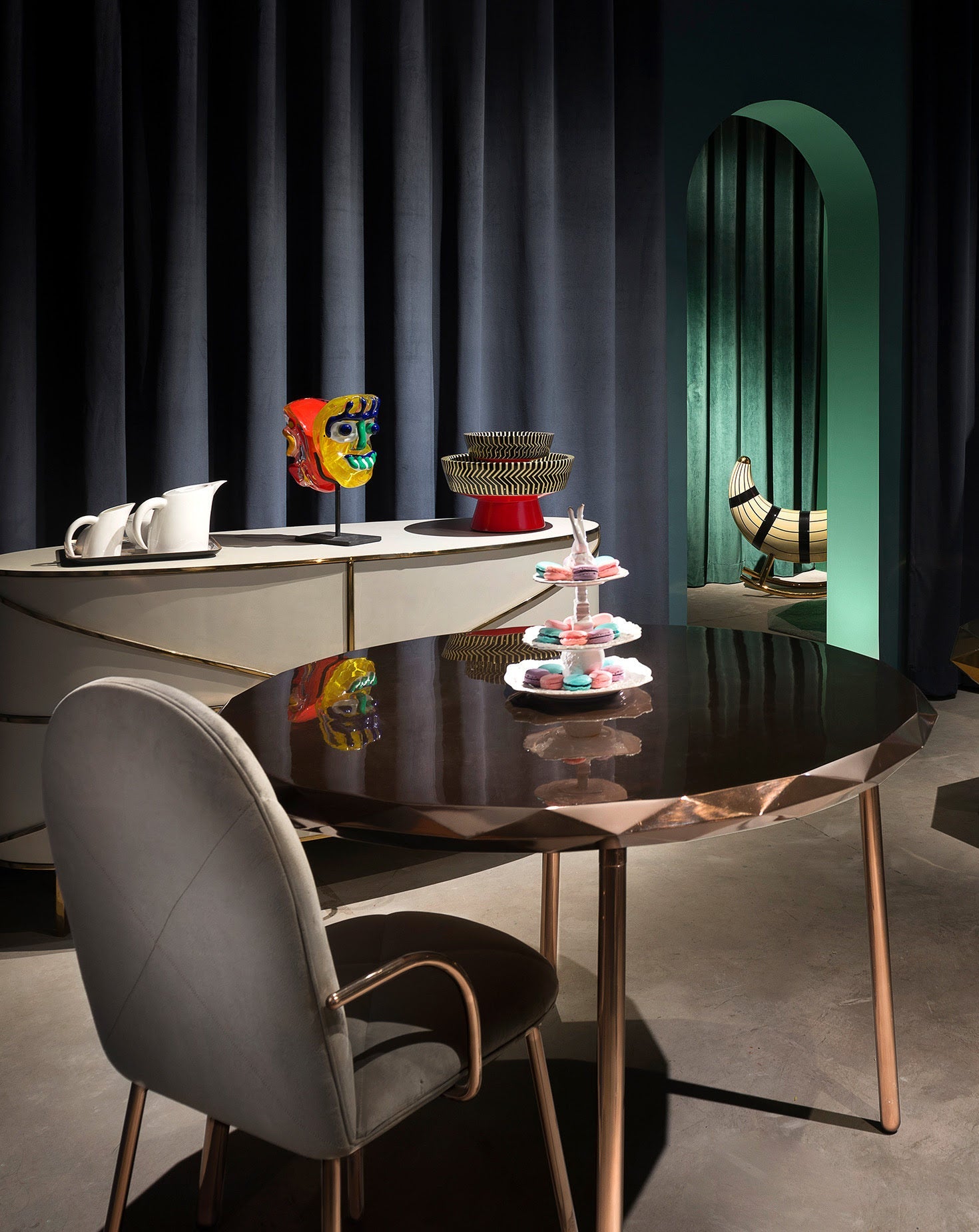 Grey Velvet Rose-Gold Leg Sculptural Dining Chair