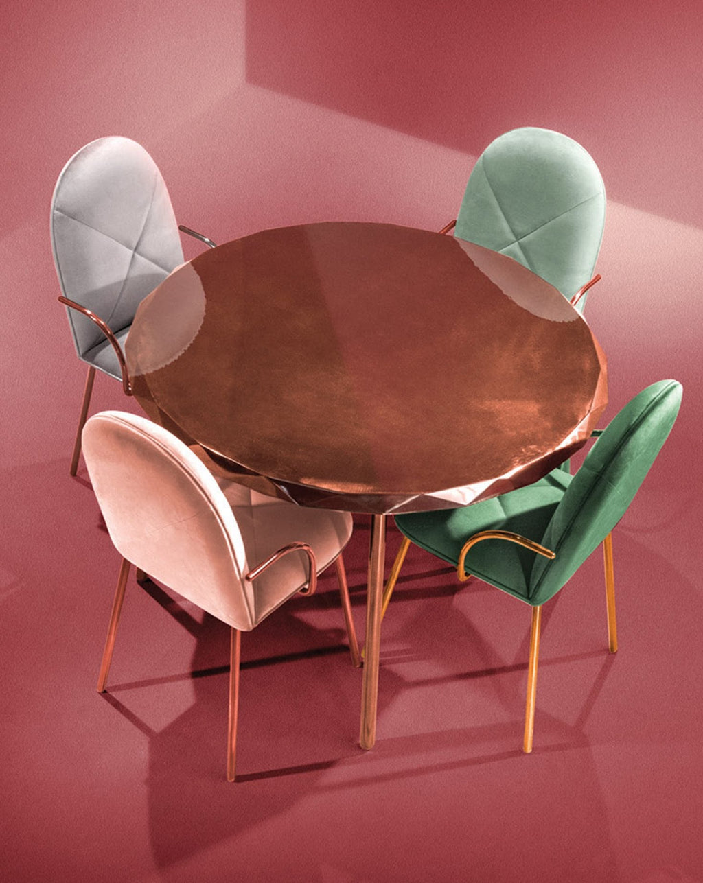 Grey Velvet Rose-Gold Leg Sculptural Dining Chair