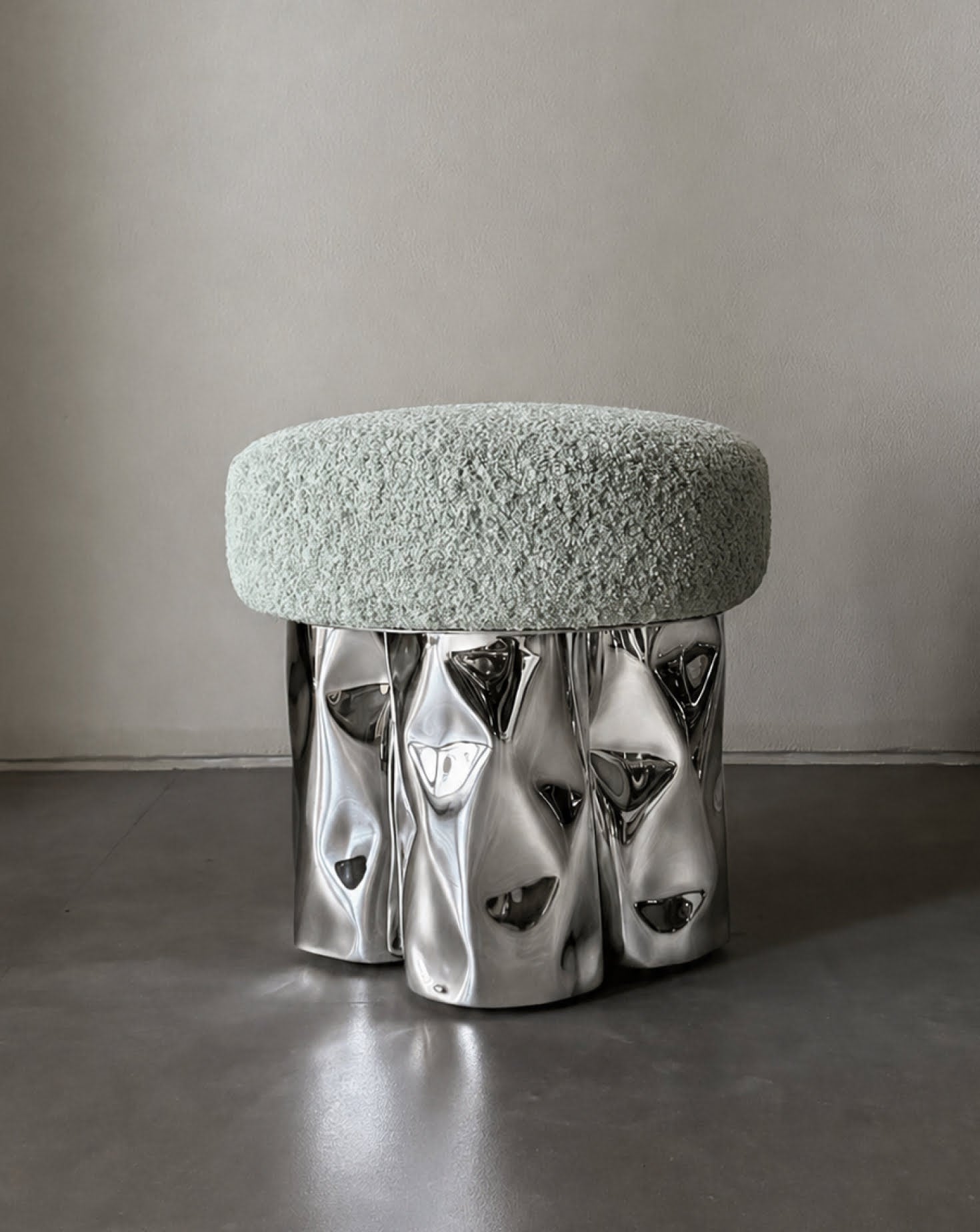 Green Bouclé Stainless Steel Log-Inspired Pouf Tall