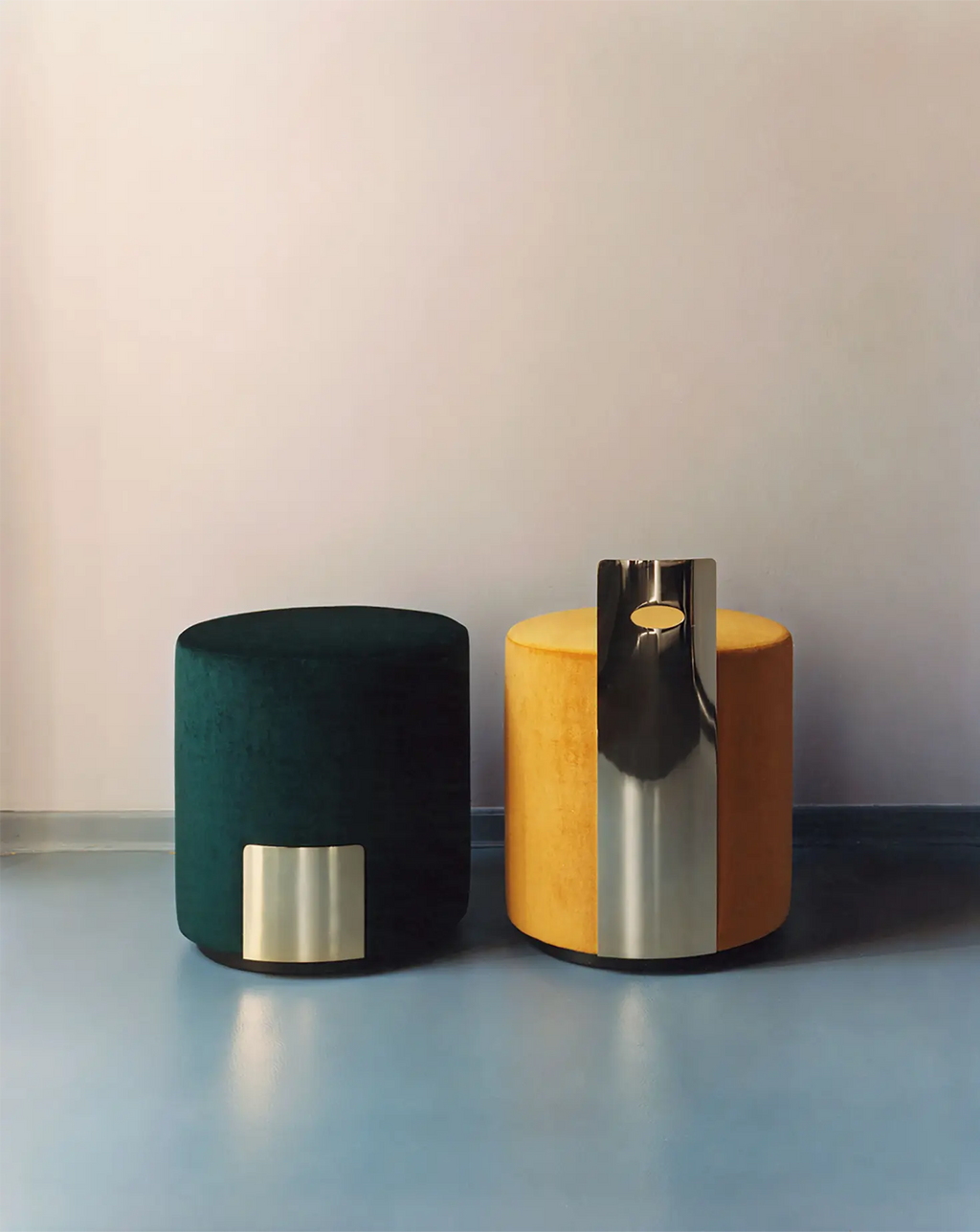 Green Velvet Gold-Detail Low Round Pouf