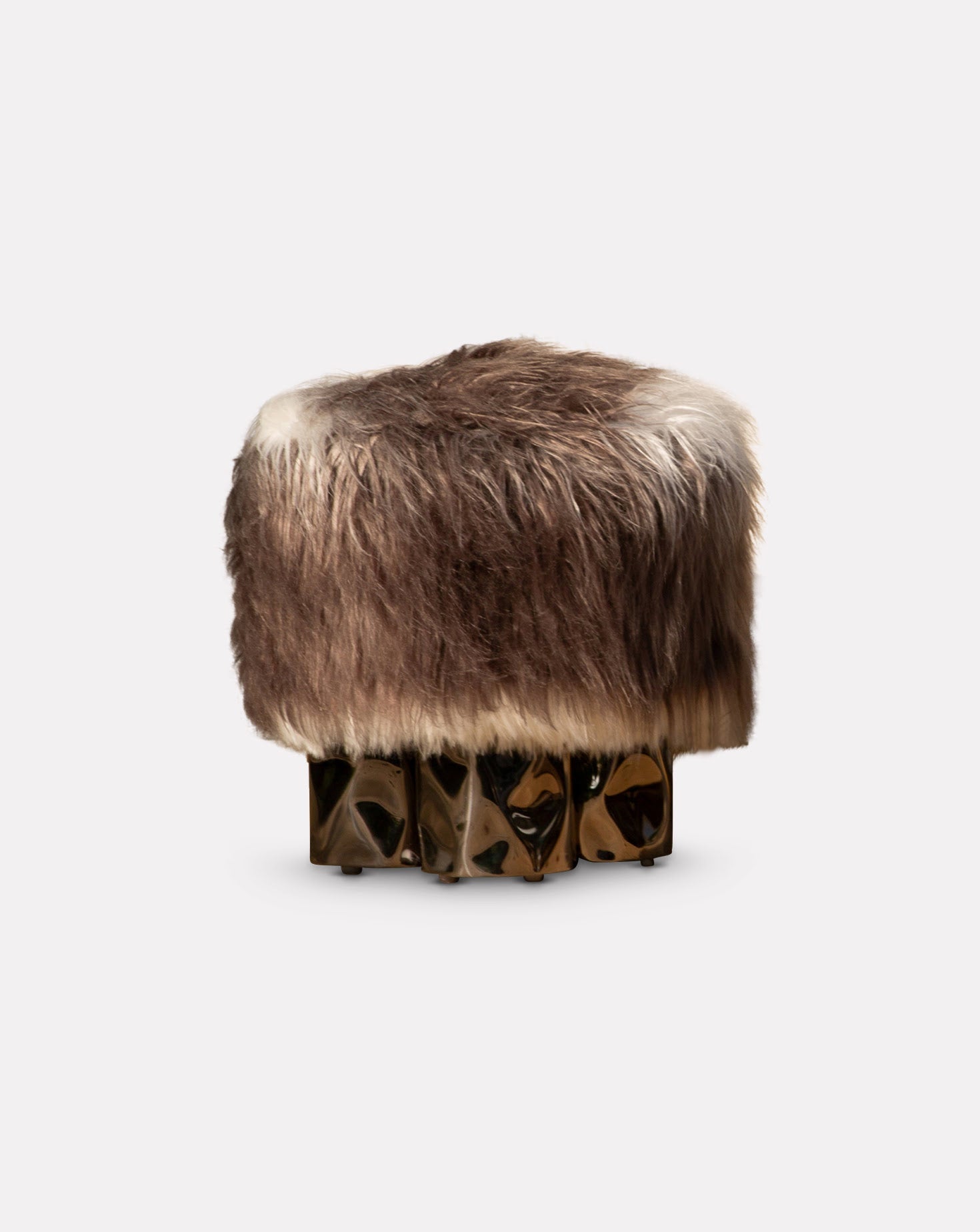 Brown Bouclé Stainless Steel Log-Inspired Pouf Small