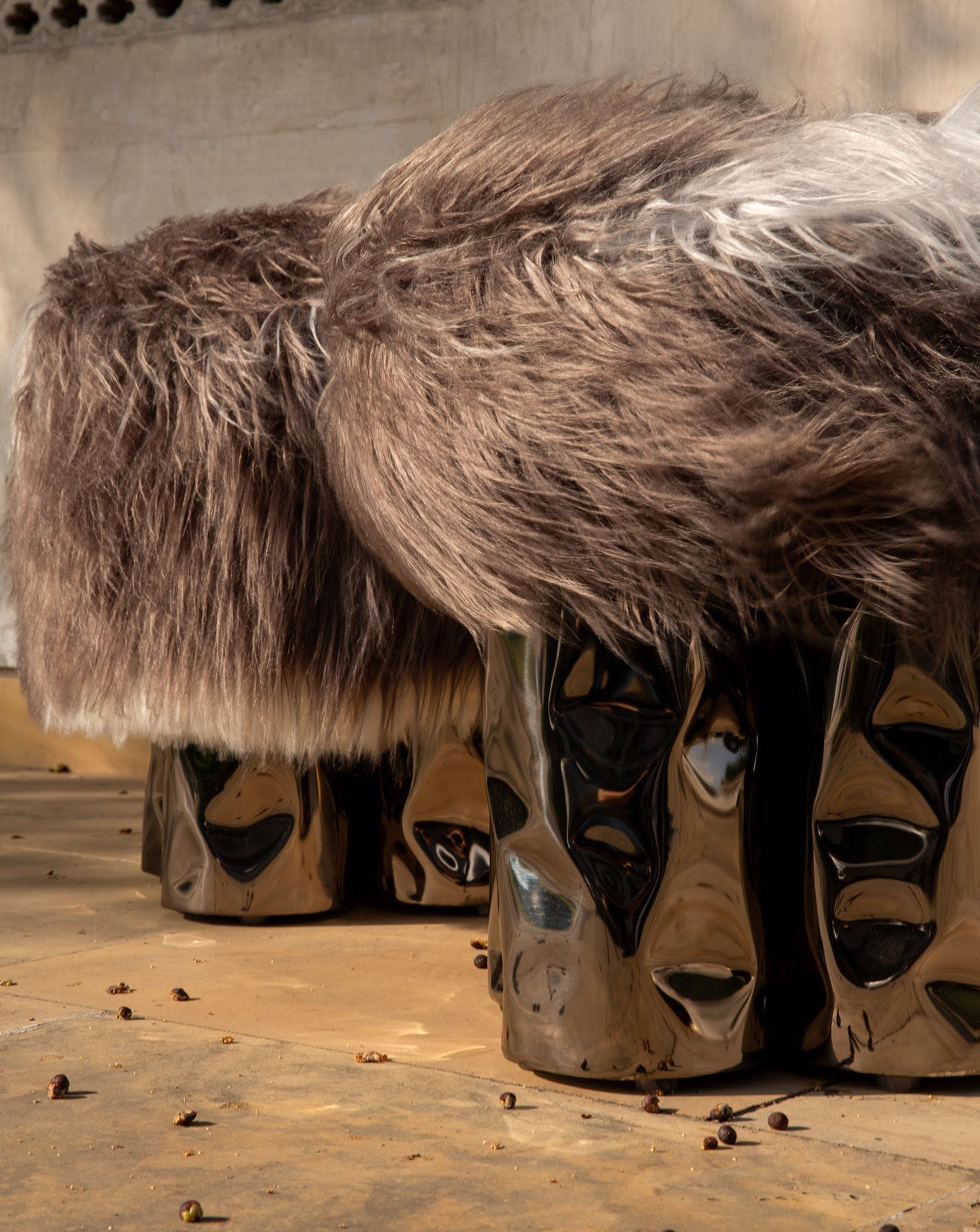 Brown Bouclé Stainless Steel Log-Inspired Pouf Tall