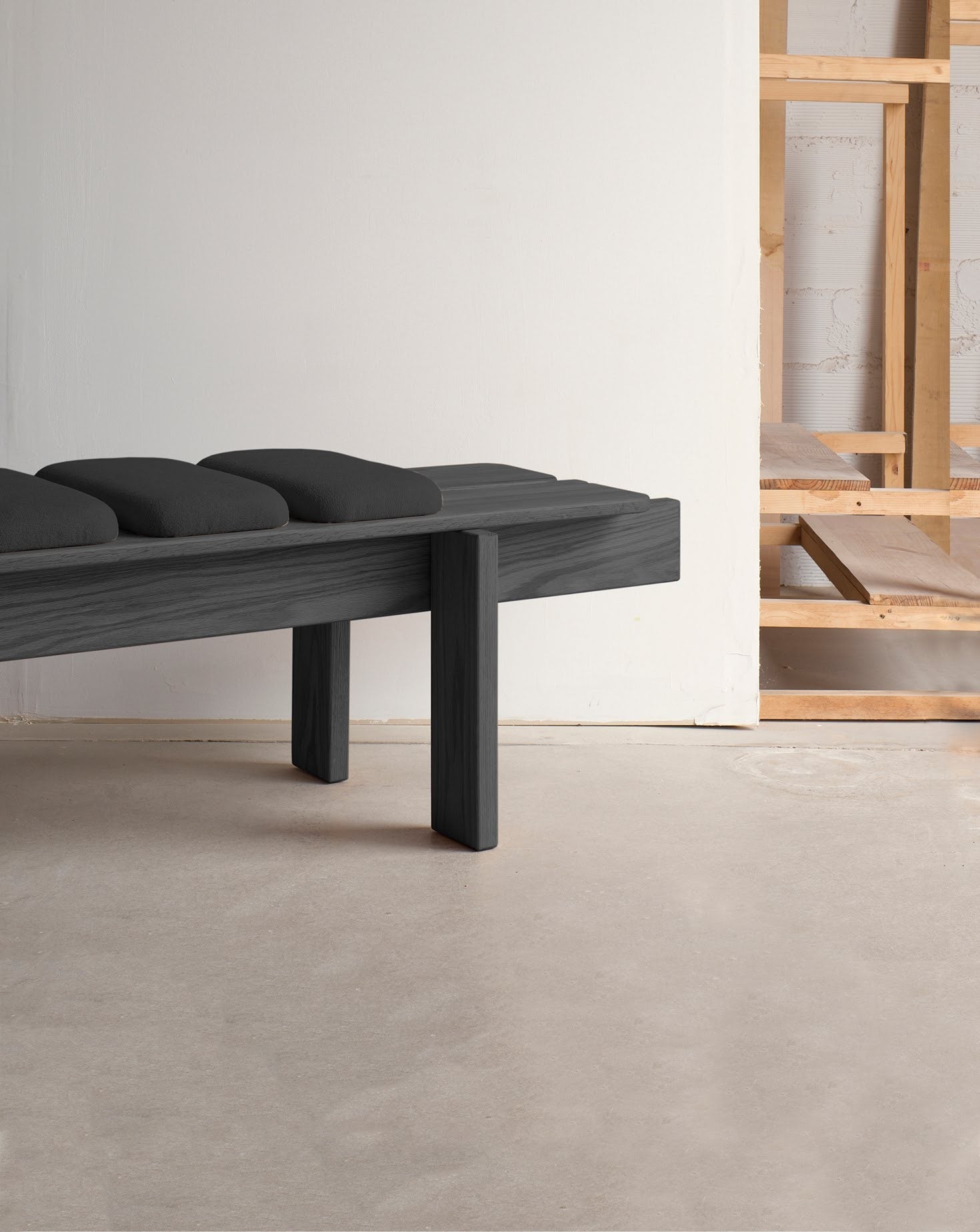 Solid Black-Stained Beech Modular Cushion Minimalist Bench