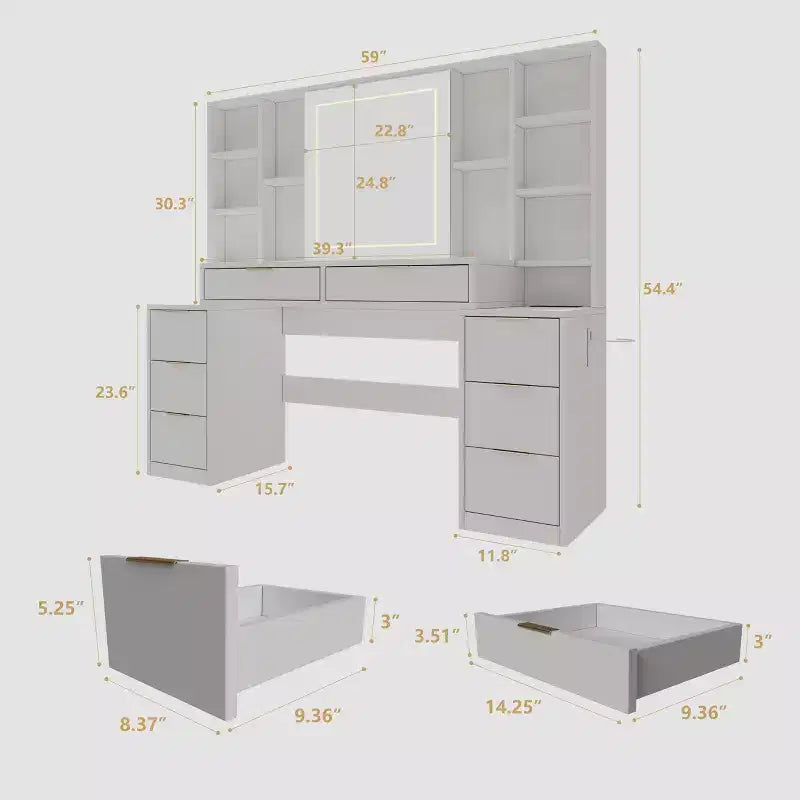 Coiffeuse de 59 pouces avec miroir lumineux, 8 tiroirs, étagères ouvertes pour chambre de fille, éclairage réglable, design peu encombrant