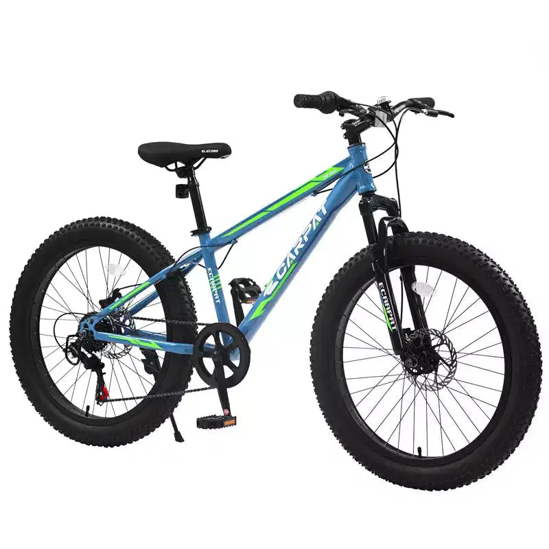 Vélo Okak 24 pouces Fat Tire avec suspension avant, VTT 7 vitesses avec frein à disque et cadre en acier à haute teneur en carbone, Vélo de randonnée pour les trajets quotidiens