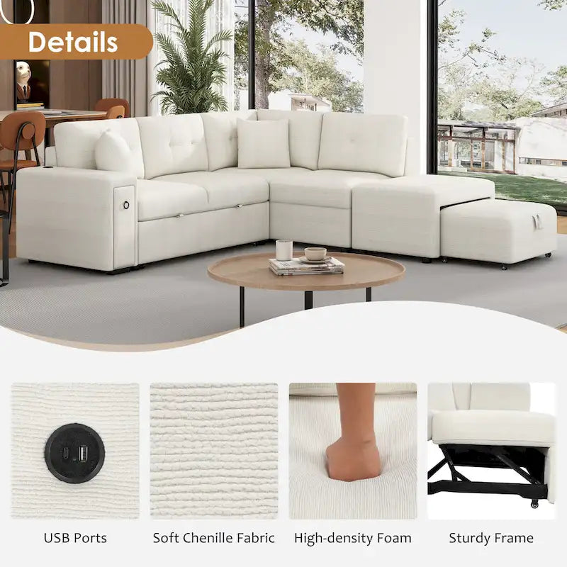 Canapé d'angle 4 places avec lit gigogne, pouf, ports USB et tablette rabattable