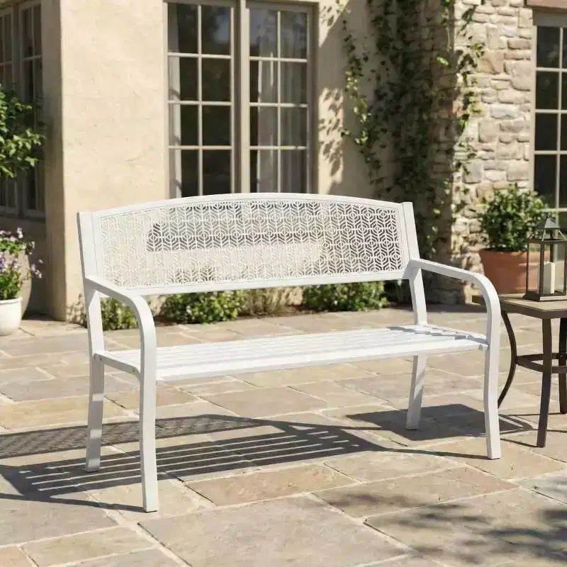 Banc d'extérieur en métal 2 places pour jardin, bancs en acier avec dossier géométrique pour terrasse, jardin et porche