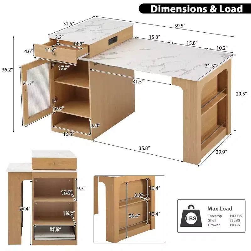 Îlot de cuisine de 59,5 po avec table à manger extensible, rangement double face et prise électrique, naturel
