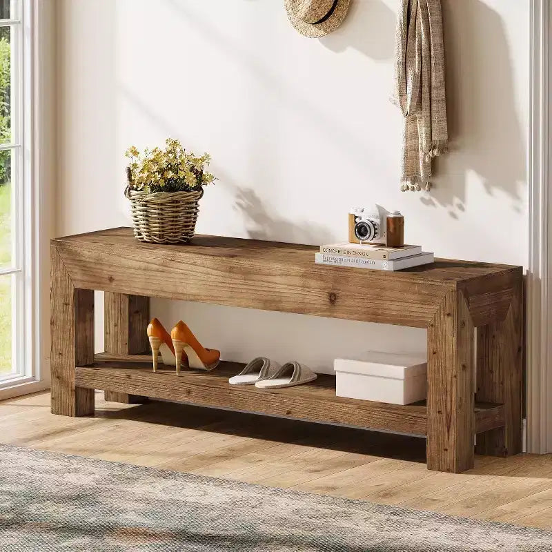 Banc d'entrée en bois massif de 47,24 po avec étagères ouvertes, brun rustique
