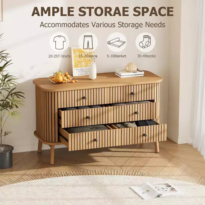 Commode, commode horizontale à 6 tiroirs avec poignées noires et pieds en bois, aspect bois naturel