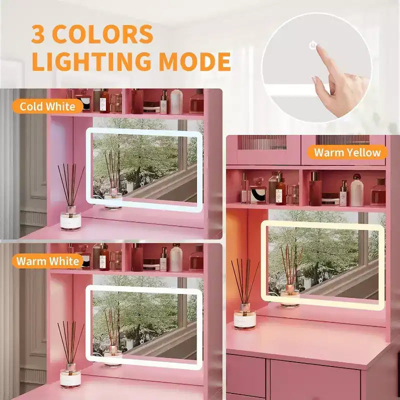 Coiffeuse 3-en-1 avec miroir lumineux, table de toilette compacte avec tiroirs, compartiment de rangement et tabouret roulant pour chambre à coucher