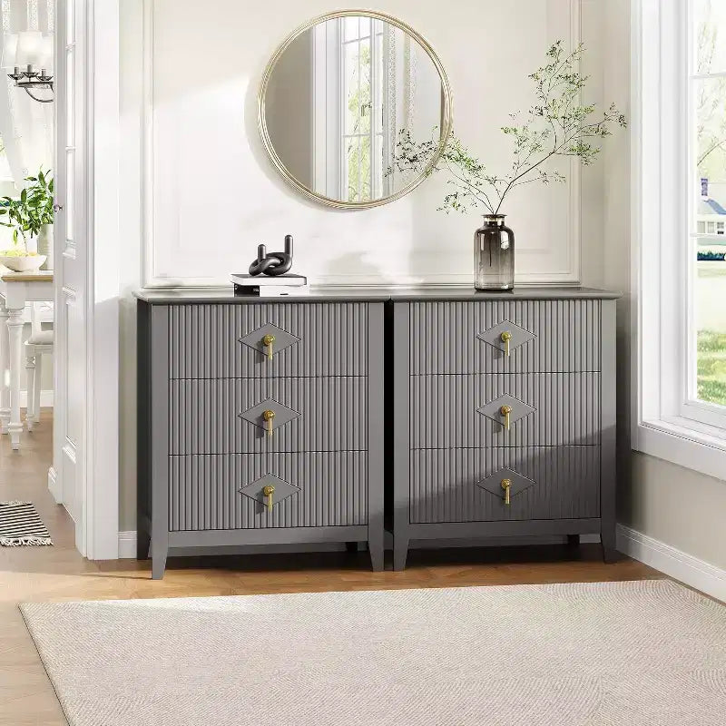 2 tables de chevet cannelées en bois, commode à 3 tiroirs de 69,85 cm de large, tables de nuit modernes, commode de chambre à coucher, salon
