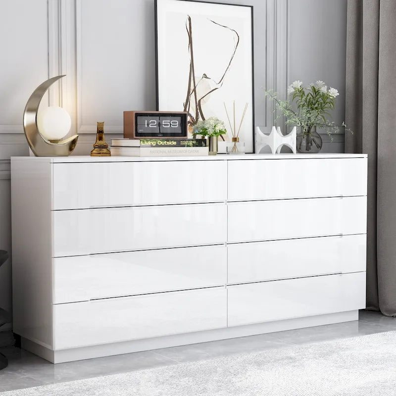 Commode haute brillance 63 po avec 8 tiroirs lumineux et plateau spacieux
