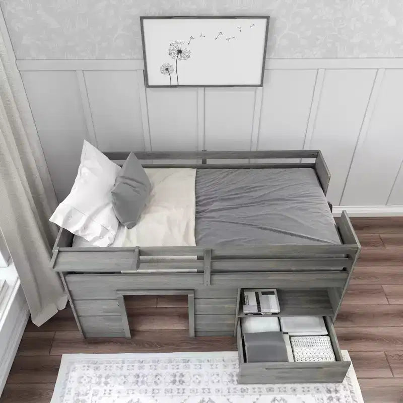 Lit mezzanine bas Max & Lily Modern Farmhouse avec tiroir de rangement, lit en bois massif pour enfants