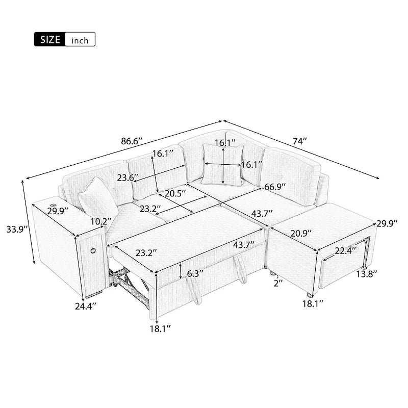 Canapé d'angle 4 places avec lit gigogne, pouf, ports USB et tablette rabattable