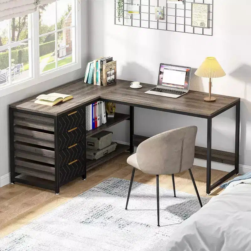 Bureau d'angle en L réversible de 59 po avec tiroirs de rangement, gris