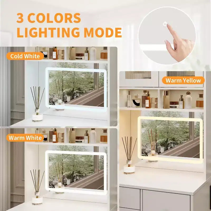 Coiffeuse 3-en-1 avec miroir lumineux, table de toilette compacte avec tiroirs, compartiment de rangement et tabouret roulant pour chambre à coucher