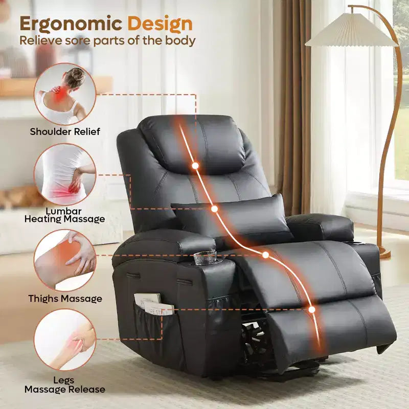 Fauteuil inclinable électrique avec assistance au levage Bestier 34,6 po avec massage et chaleur, fauteuil inclinable en similicuir avec poches latérales et porte-gobelets