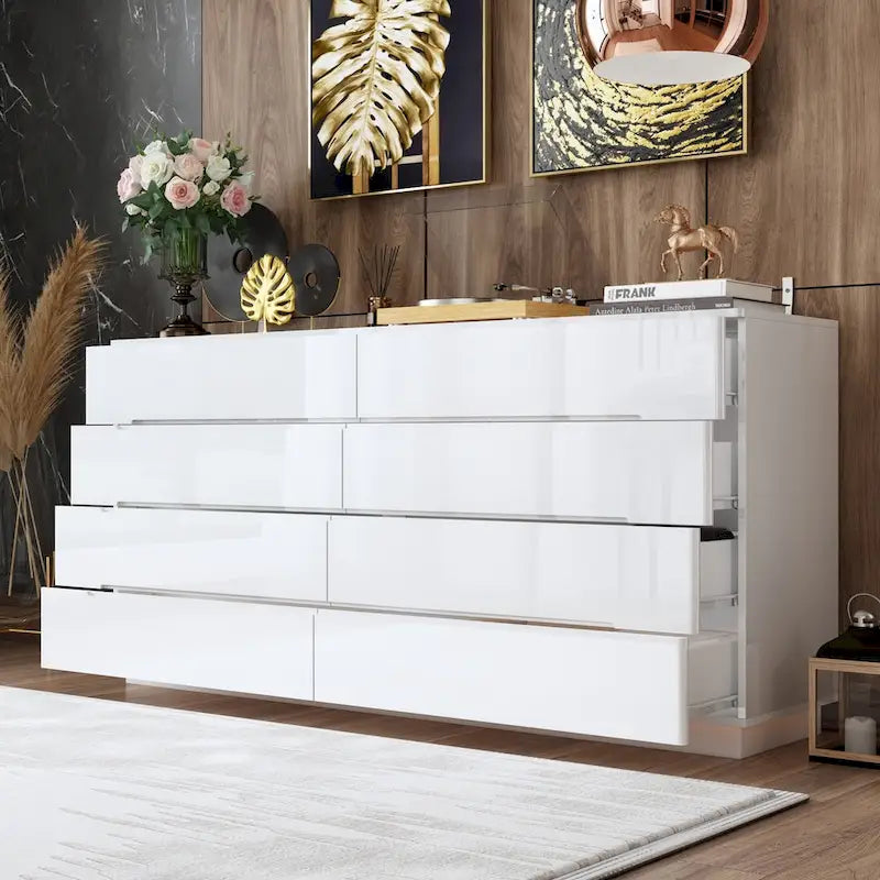 Commode haute brillance 63 po avec 8 tiroirs lumineux et plateau spacieux
