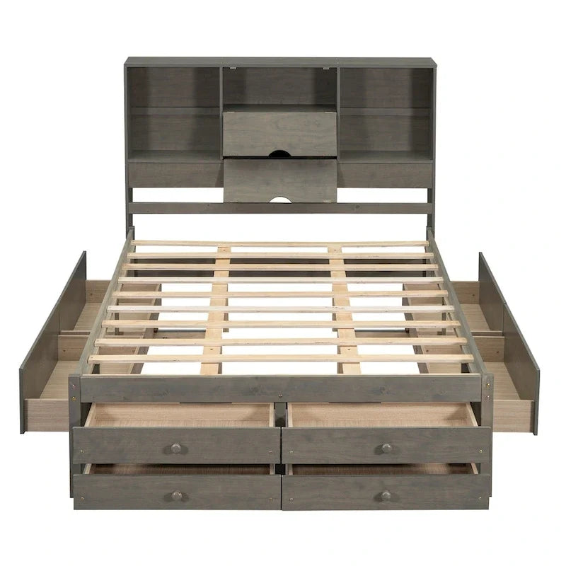 Lit moderne queen size gris en bois avec tête de lit de rangement et 8 tiroirs