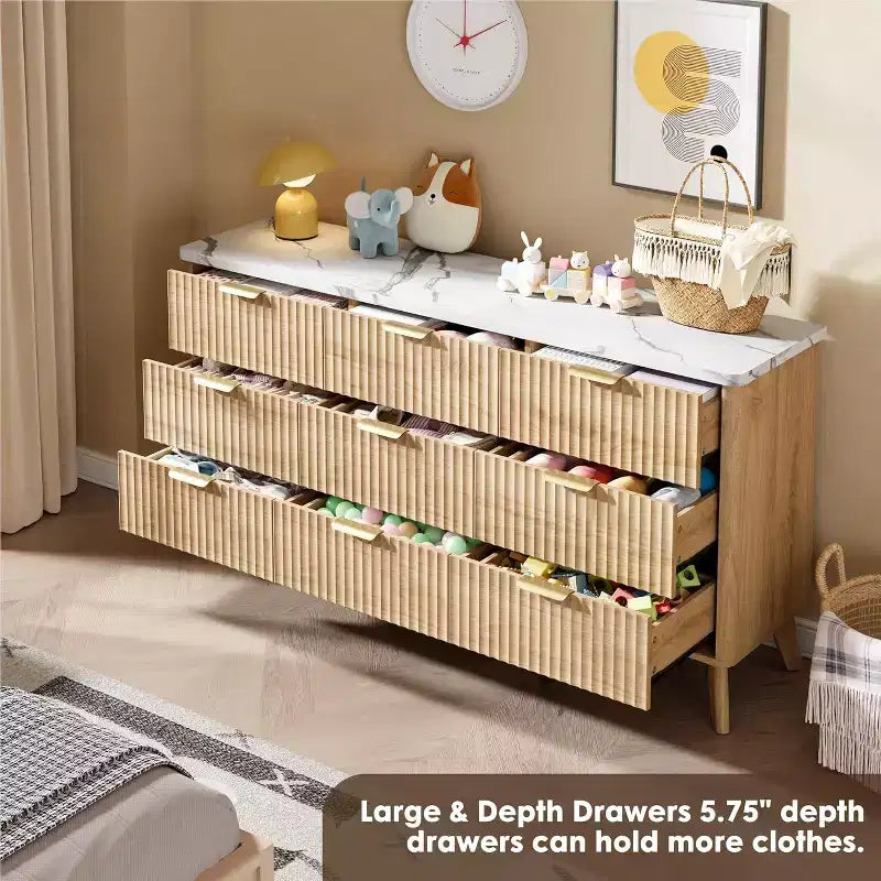 Commode cannelée à 9 tiroirs, 154 cm de large, en bois, avec rangement profond, pour chambre à coucher, salon ou couloir