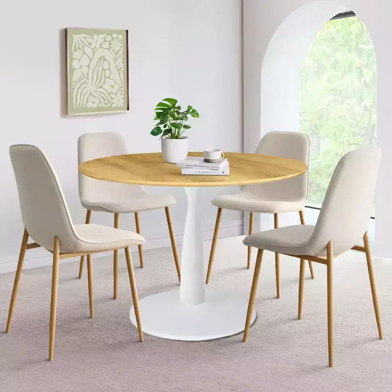 Ensemble de salle à manger rond 5 pièces, table piédestal 37" avec plateau aspect bois et chaises courbées rembourrées, style moderne-Panipeachy